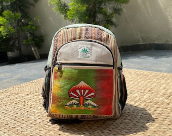 Mushroom Embroidered Hemp Backpack, Boho Hippie Design