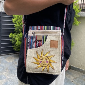 Handmade Sun Embroidered Hemp Small Passport Bag, Eco-Friendly Crossbody Bag, Unisex Durable Bag, Travel Bag, Hippie Shoulder Bag, Boho Bag