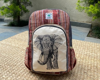Elephant Print Hemp Backpack, Boho Hippie Eco-Friendly Bag