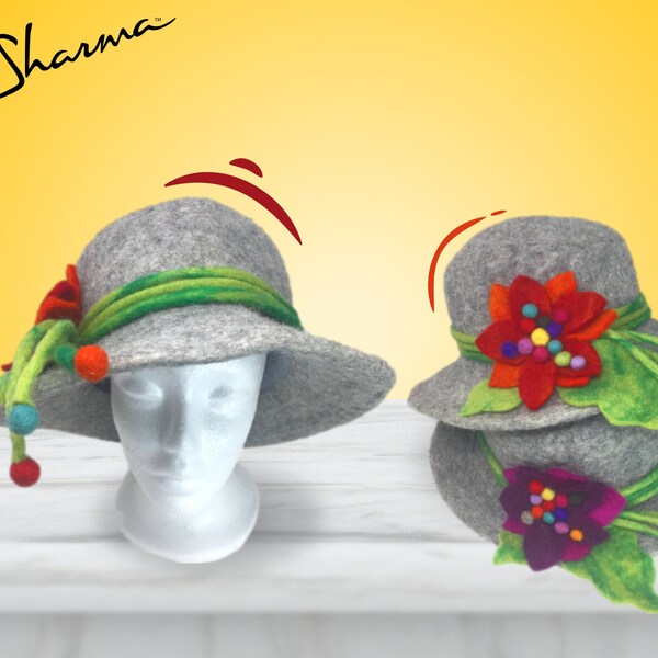 Wool Felted Hat, Women Hats, Ladies wool Hat, Gray, Victorian Style Hat, Nepal, Winter Hat for Women, Warm Hat, Wide Brim Hat, Cloche hat,