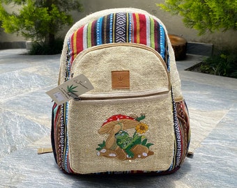 Embroidered Hemp Laptop Backpack, Frog, Sunflower, Boho Travel Bag