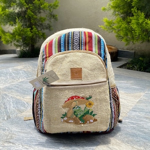 Large Stylish Hemp Backpack with Laptop Pocket, Embroidered Frog, Sunflower & Mushroom, Boho Hippie Backpack, Sustainable Traveling Bags