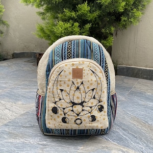 Large Lotus print Hemp Backpack for Women & Men with Laptop pocket, Boho hippie Backpack, Travel Backpack, Weekend Backpack, Back to School