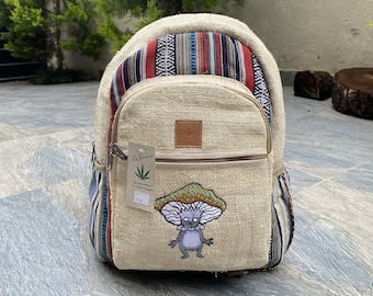 Mushroom Embroidered Hemp Backpack, Laptop Pocket, Boho Hippie Bag