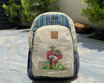 Embroidered Snail Mushroom Hemp Backpack, Laptop Pocket, Handmade in Nepal