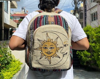 Sun & Moon Print Hemp Backpack, Large Eco-Friendly Bag
