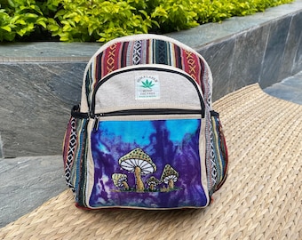 Embroidered Mushroom Hemp Backpack, Handmade Boho School Bag