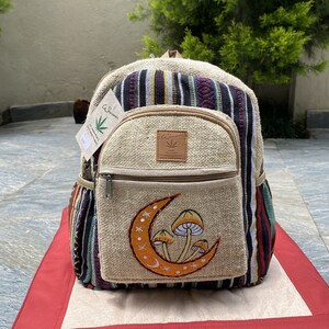 Embroidered Crescent Moon Hemp Backpack, Boho Travel Rucksack