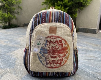 Handmade Honeybee Print Hemp Backpack, Laptop Pocket, Travel School Bag