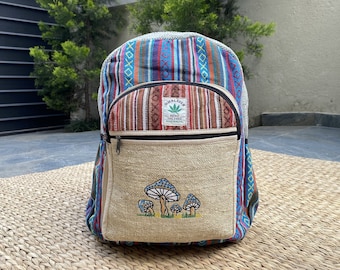 Handcrafted Mushroom Embroidered Hemp Backpack, Boho Hippie Style