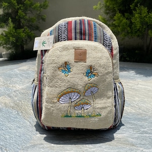 Large Handcrafted Hemp Backpack with Intricate Butterfly & Mushroom Embroidery, Hippie Bag, Hiking Bag, Boho Backpack, Cute Unisex Backpack