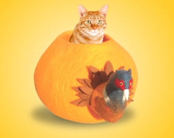 Gran cueva de lujo para gatos ecológicos, colorida casa para gatos, lana de fieltro 100% natural, cama para gatos hecha a mano, iglú para gatos, hecho a mano en Nepal, faisán