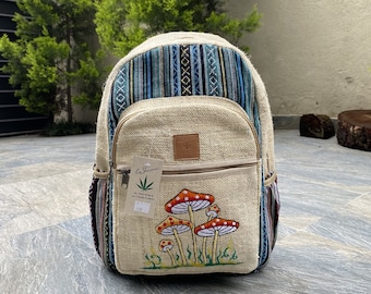 Mochila de cáñamo con bordado de hongos artesanal, bolsillo para portátil