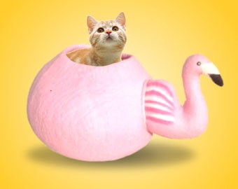 Deluxe Large Flamingo Eco-Cat Cave, Colorful Cat House, 100% All Natural Felted Wool, Handcrafted Cat Bed, Handmade in Nepal, Wool Pet Bed