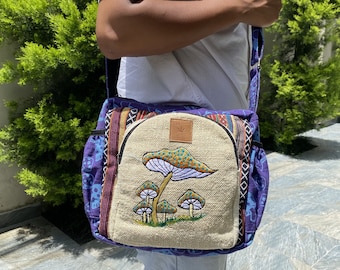 Embroidered Mushroom Hemp Crossbody Bag, Boho Messenger Bag