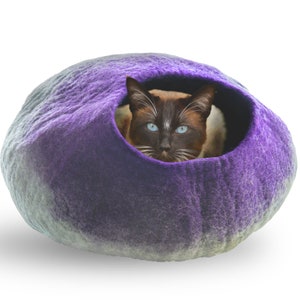 May include: A purple and grey felt cat bed with a cat peeking out of the entrance.