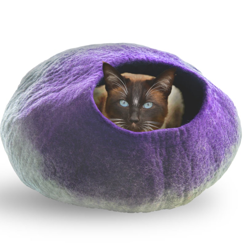 May include: A purple and grey felt cat bed with a cat peeking out of the entrance.