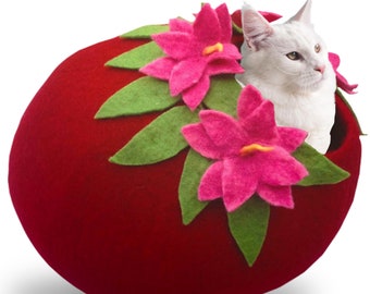 Deluxe Felted Wool Cat Cave, Large Colorful Cat Igloo, Handmade in Nepal