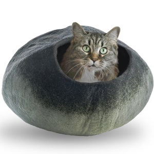 May include: A gray felt cat bed shaped like a large, smooth rock. A tabby cat with green eyes is peeking out of the opening.