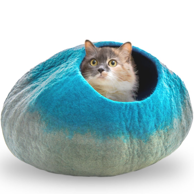 May include: A blue and gray felt cat bed shaped like a half-sphere with a cat peeking out of the opening.
