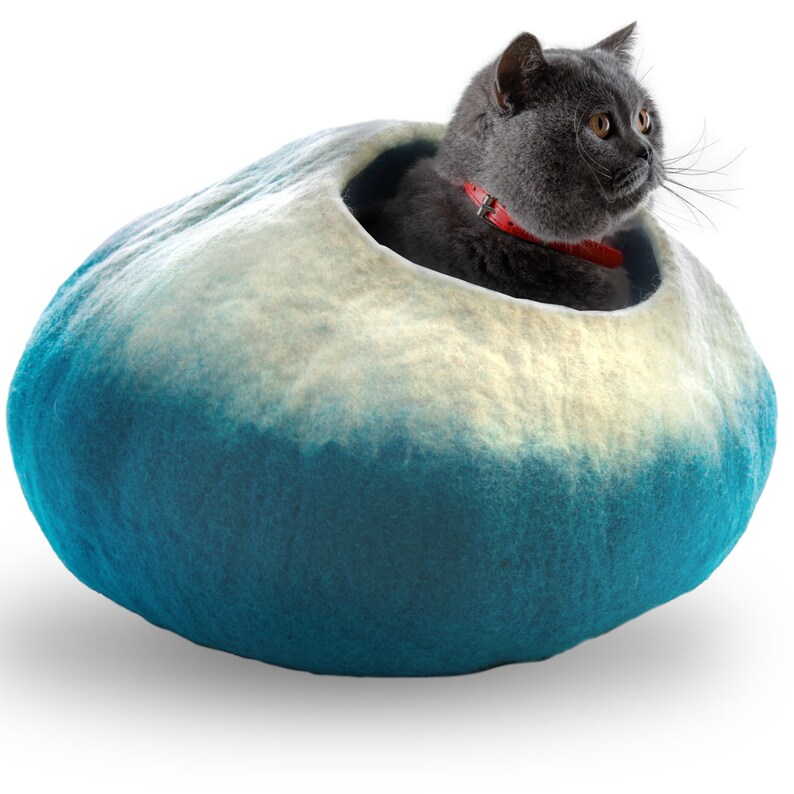 May include: A gray cat with a red collar sits inside a blue and white felt cat bed. The bed is shaped like a large, rounded bowl.