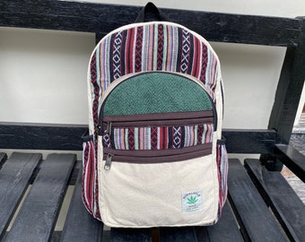 Handgemachter Hanf Rucksack, Große Multi-Pattern Boho Schultasche