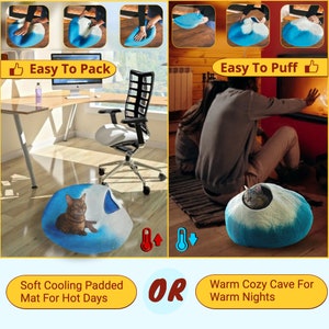 May include: A blue and white cat bed that can be used for both hot and cold weather. The bed is easy to pack and puff up. The text on the image reads "Easy To Pack", "Easy To Puff", "Soft Cooling Padded Mat For Hot Days", "OR", and "Warm Cozy Cave For Warm Nights".