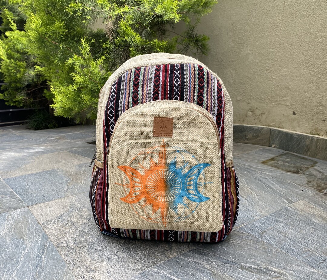 Handcrafted Hemp Backpack, Sun Moon Print, Laptop Travel Bag - Etsy