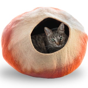 May include: A cat is curled up inside a round, orange and beige felt cat bed. The bed has a single opening for the cat to enter and exit.