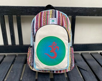 Handgefertigter Om bedruckter Hanf Rucksack, Boho Hippie Reisetasche