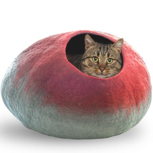 May include: A red and gray felt cat bed shaped like a large, rounded stone. A tabby cat is peeking out of the opening of the bed.
