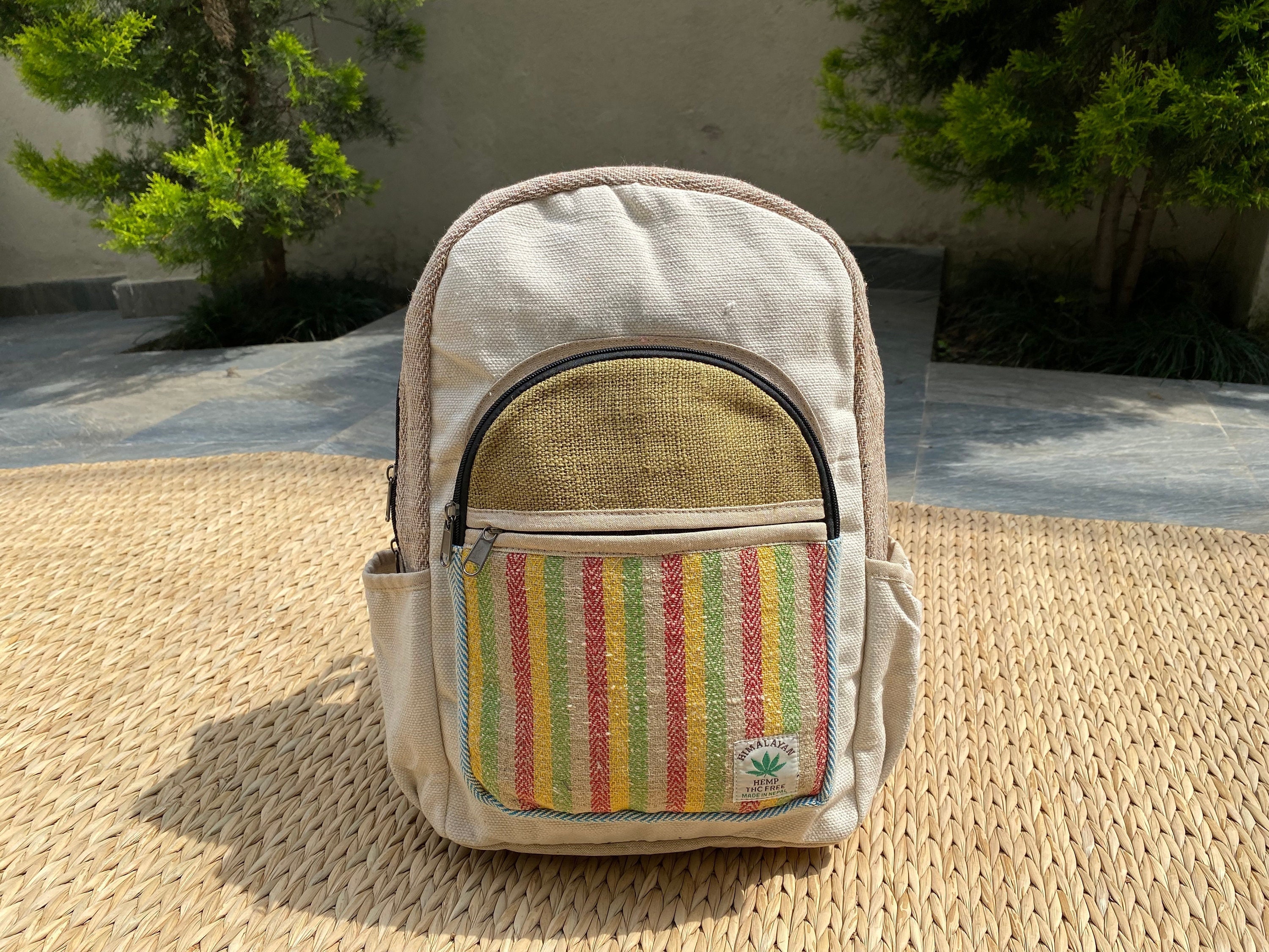 Handcrafted Hemp Backpack, Colorful Stripes, Nepal Boho Bag  display picture 2