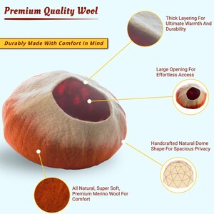 May include: A large, round, orange and white wool pet bed with a large opening for easy access. The bed is made of premium merino wool and is handcrafted in a dome shape for privacy. The text "Premium Quality Wool" and "Durably Made With Comfort In Mind" is visible in the image.