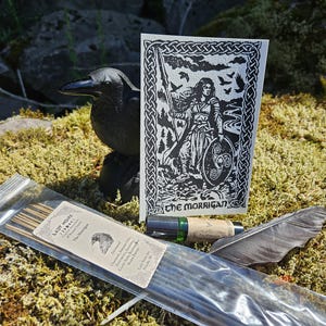 May include: A black raven figurine, a rectangular card featuring a black and white illustration of a figure with a spear and shield labeled The Morrigan, a small glass vial, a grey feather, and a clear plastic bag containing incense sticks.