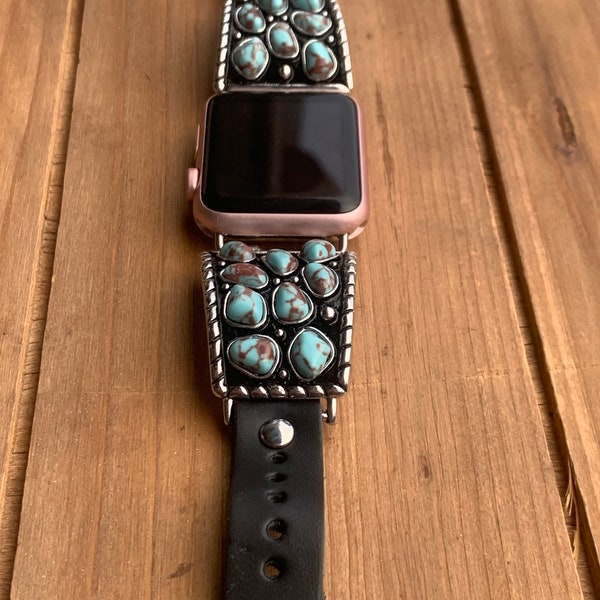 Concho de plata multi-piedra turquesa con cinta de apple de cuero negro