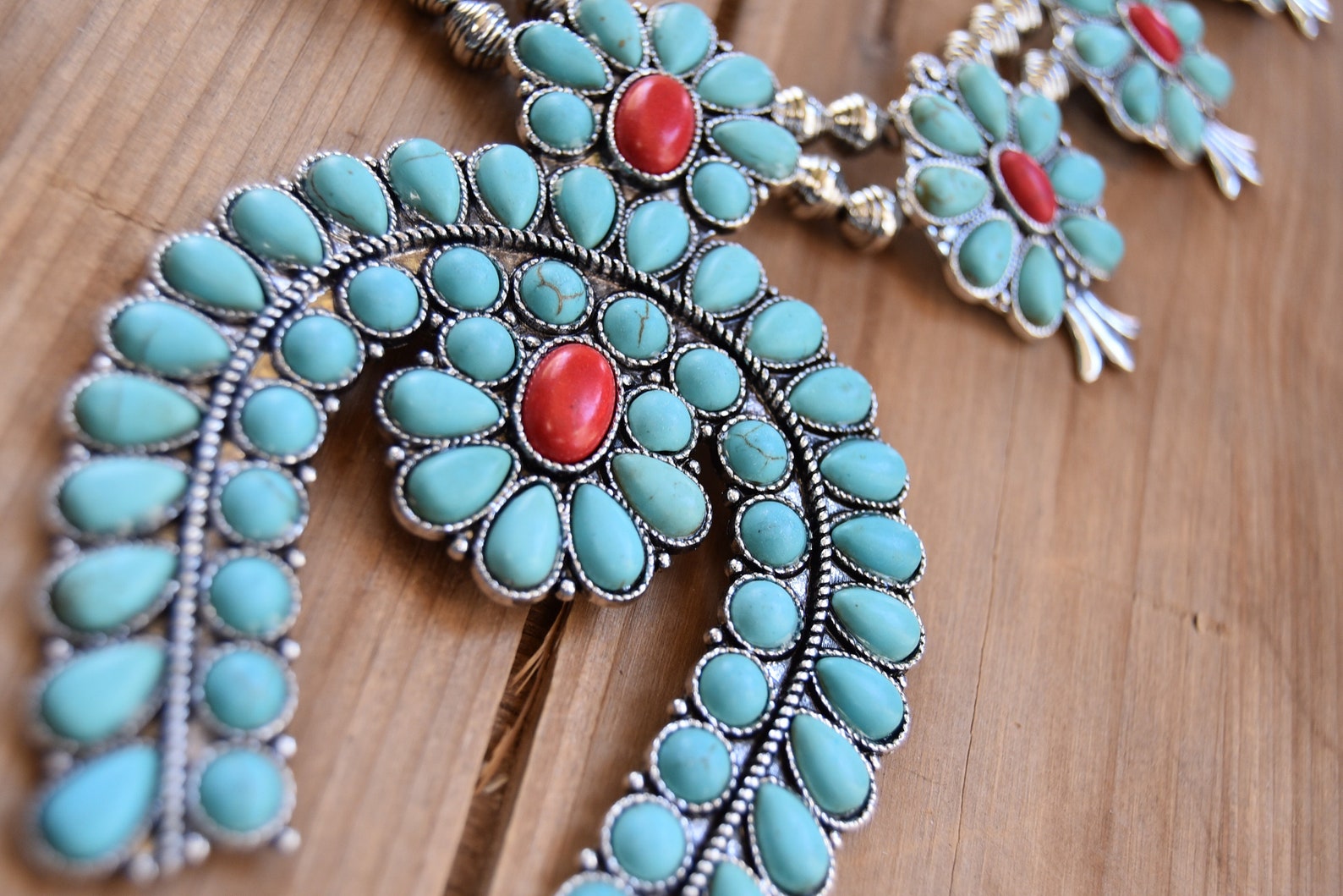 Faux Turquoise and Red Squash Blossom Necklace with matching Etsy
