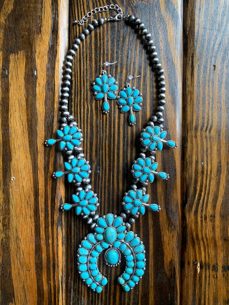Faux Turquoise Squash Blossom Necklace with matching earrings Etsy