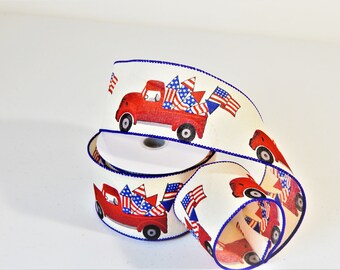 wreath ribbon, vintage red truck ribbon, ribbon for wreath making, fourth of July décor, wreath making supplies, red white blue ribbon