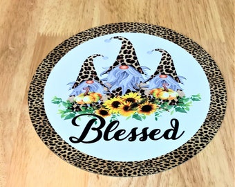 Gnome leopard animal print sign, blessed sign, sunflower wreath sign, metal wreath sign, wreathsbyVA