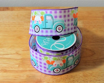 Happy Easter, Bunny ribbon, Truck with Bunny lavender check ribbon, Boy blue bunny ribbon, blue -green carrot truck, WreathsbyVA