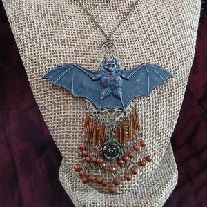 Golden Gothic: Bat Pendant on Brass Teardrop, Earthtone Beading, Crystals and a Brass Rose - Neo-Classical Goth Statement