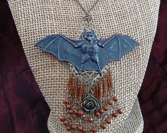 Golden Gothic: Bat Pendant on Brass Teardrop, Earthtone Beading, Crystals and a Brass Rose - Neo-Classical Goth Statement