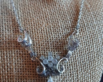 Vintage Signed Ann Lee 1950s Sterling Silver Sparkling Rhinestone Sculptural Silver-Tone Teardrop Pendant Necklace, Retro Glam