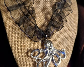 Gothic Waves Collar: Large, Bold Octopus / Kraken on Frothy, Wide Black Scalloped Organdy Sheer Collar Statement Piece