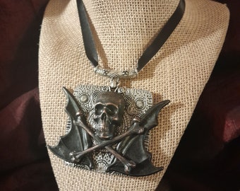 Bat & Bone: Skull and Crossbone Bat Wing Statement Piece - Bold Blackened Brass Pirate and Bat Wings on Silver-tone Etched Plate w/ Crystals