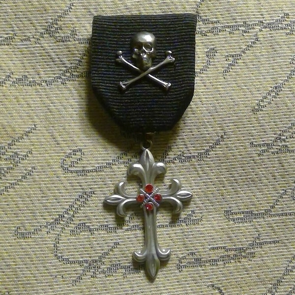 Skull & Cross: Pirate / Gothic Medal with Cross Pendant with Crimson Crystal, Skull and Crossbones Set on Black Ribbon Pin