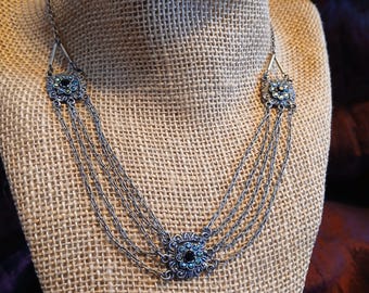 Phantom Blue Beauty: Vintage Neo-Victorian Sparkling Pewter Blue Crystal Medallion and Whisper-Thin Draping Chain Necklace