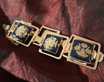 Gilded Blooms: Vintage Floral Bracelet in Navy-Blue and Gold - Gorgeous 60s Designer Segment Bracelet both Neo-Victorian and Modernist