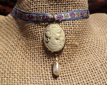 Dainty Victorian: Woman's Gibson Girl Profile in Glimmering Bronze Cameo Choker with Pearl Pendant on Antique Hand-Embroidered Ribbon