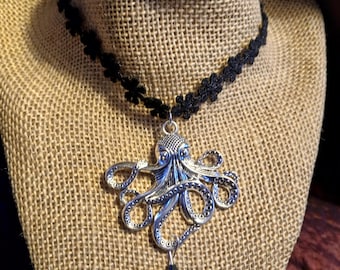Kraken Choker, Gothic Daisy: Bold Silver-Tone Octopus & Vintage Bead Flourish / Cthulhu on Black Floral Choker